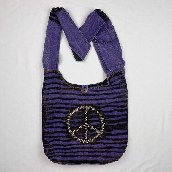 No Brand Handbags - Peace Sign Purple Embroidered Boho Hippie Cotton Large Crossbody Purse Bag